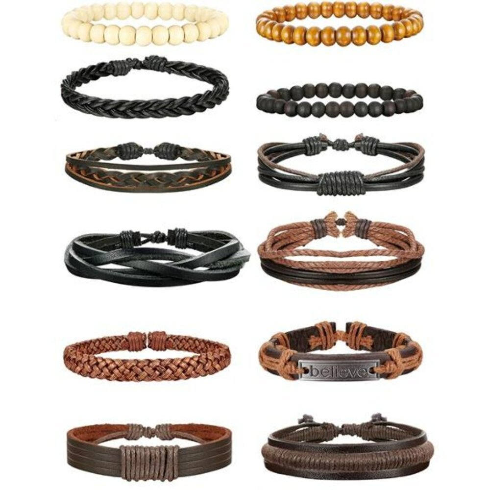 Mens Leather Beaded Bracelets Set Adjustable Braided Wood Jewelry 12 Pack